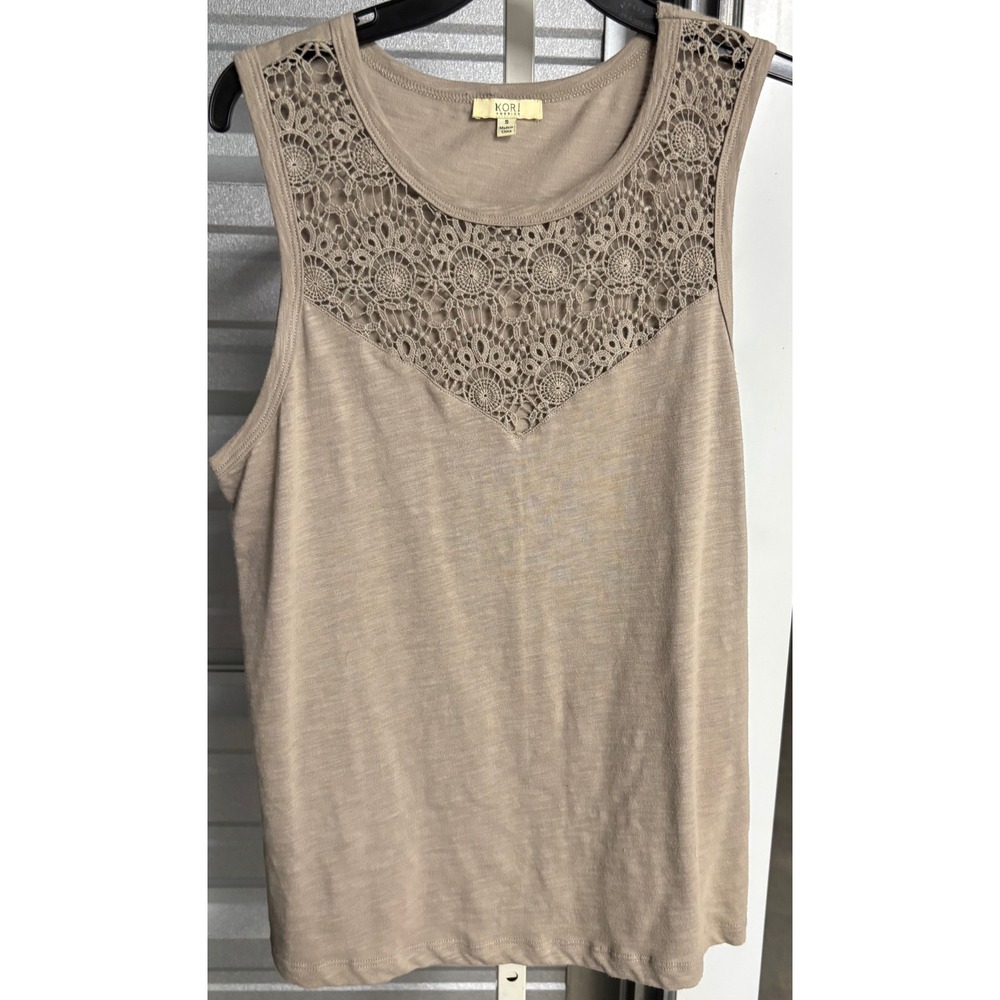 Kori America Taupe Cotton Crochet Lace Yoke Tank Top Brown Small